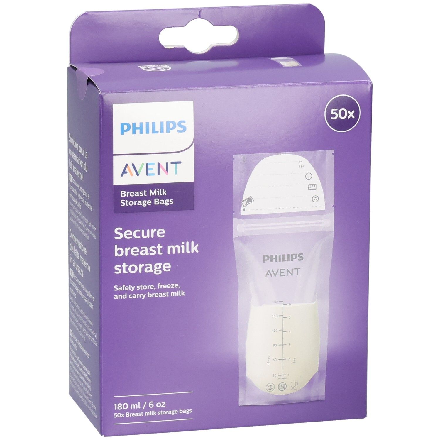 Verpackung mit Philips AVENT Muttermilch-Aufbewahrungsbeuteln. Enthält 50 Beutel. Sichtbar: Beutel mit Messskala.