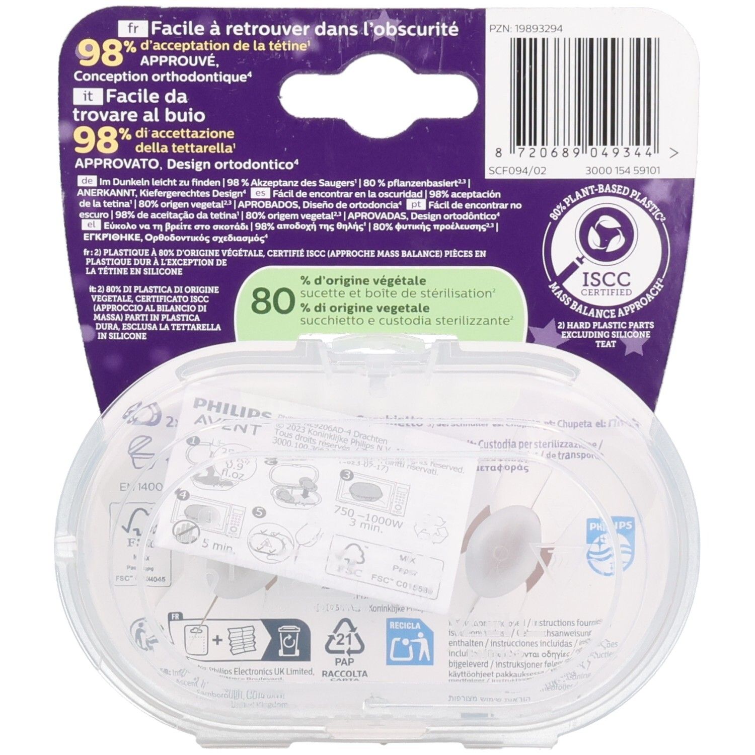 Rückseite der Verpackung mit Produktinformationen und Barcode. Enthält Informationen in verschiedenen Sprachen und Zertifizierungen.