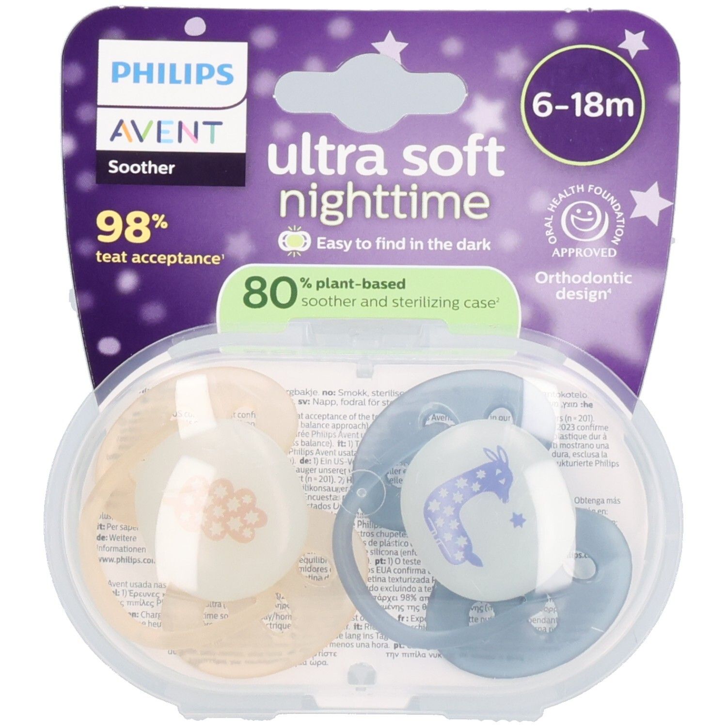 Philips Avent Fopspeen +6m Soft night perzik/blauw 2 St Sauger