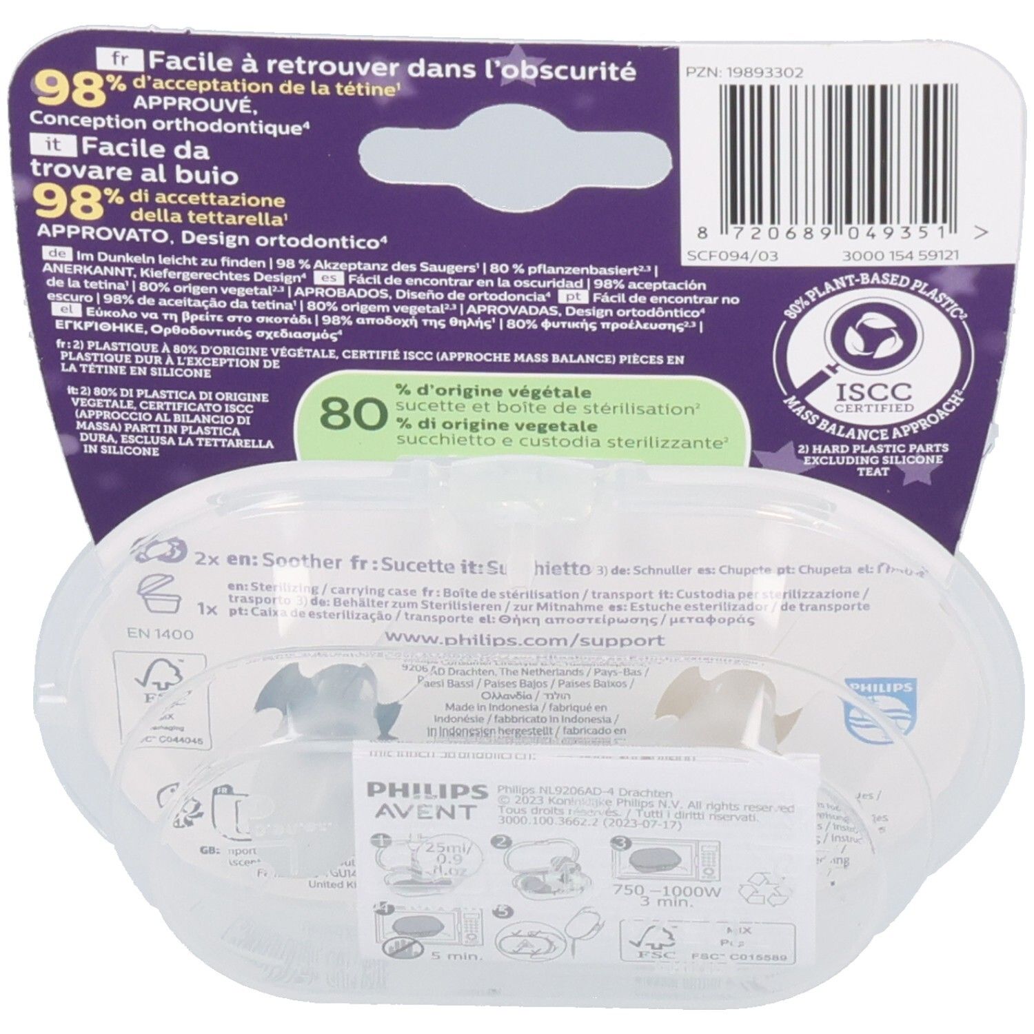 Rückseite der Verpackung mit Produktinformationen. Enthält Text in mehreren Sprachen, darunter Deutsch, Französisch und Italienisch. Zeigt Logos und Zertifizierungen.