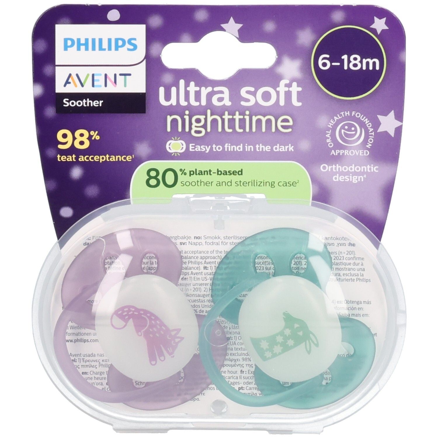 Philips Avent Fopspeen +6m Soft night fushia/groen 2 St Sauger