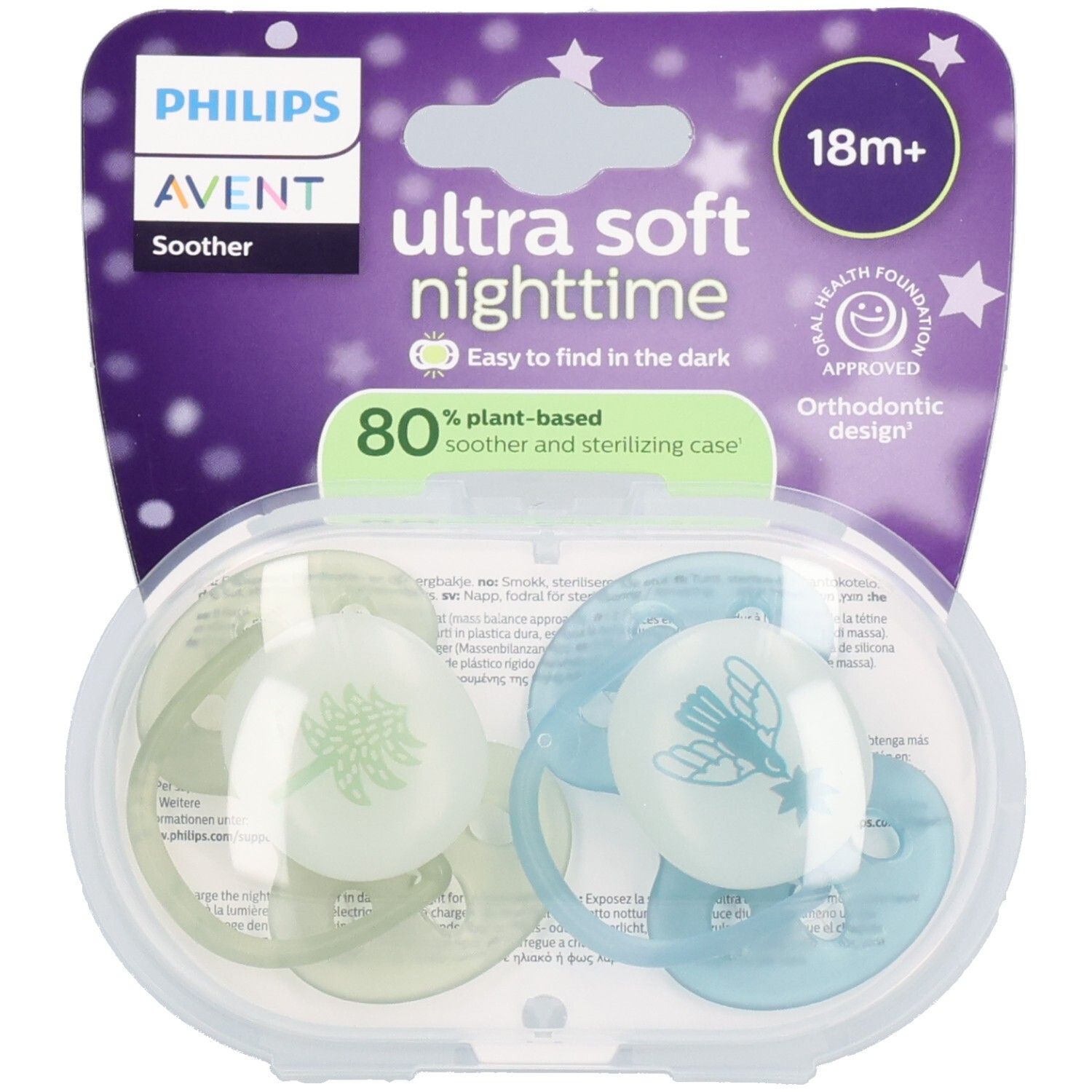 Philips Avent Fopspeen +18m Soft night olijf/blauw 2 St Sauger