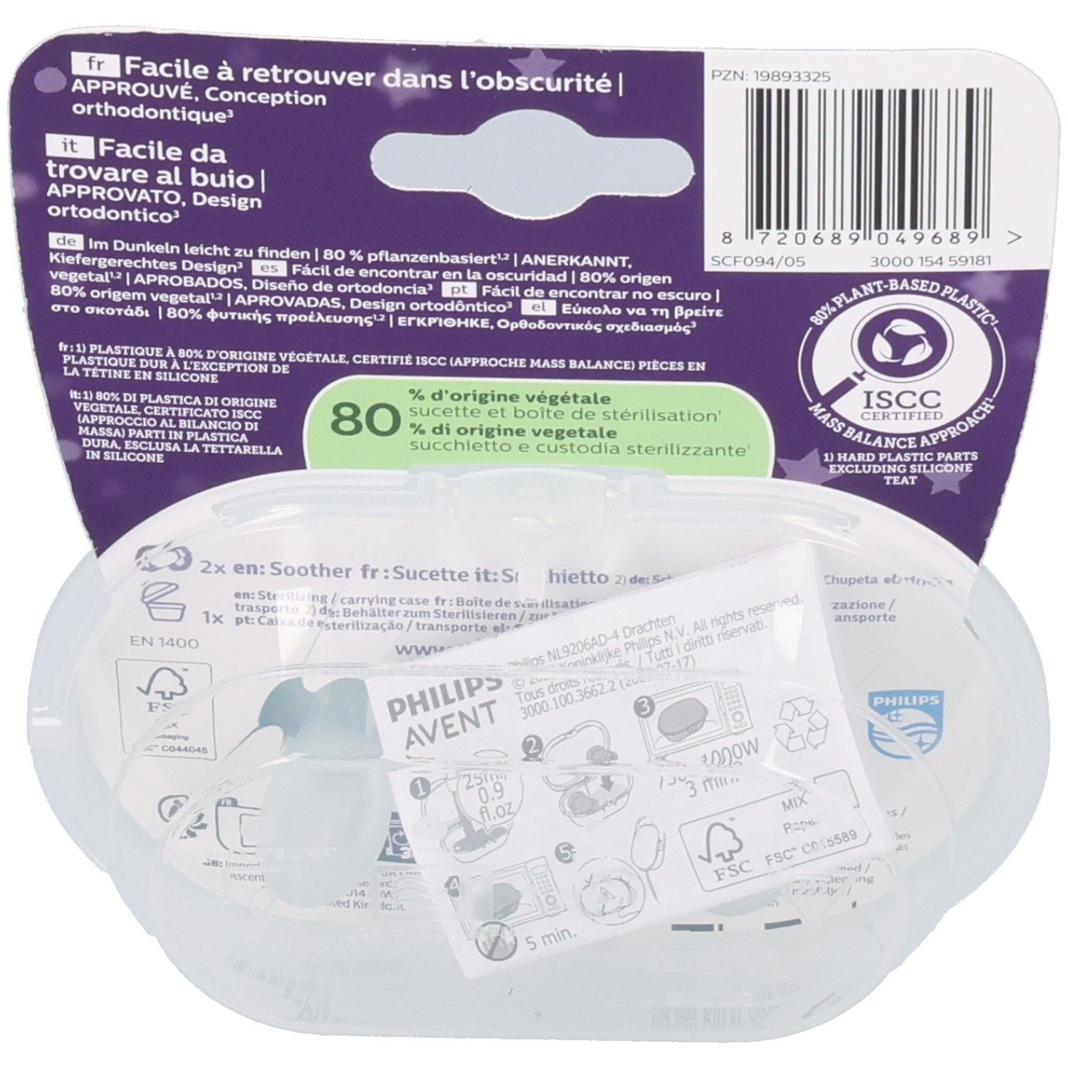 Rückseite der Verpackung mit Produktinformationen, Text in mehreren Sprachen und Zertifizierungen.