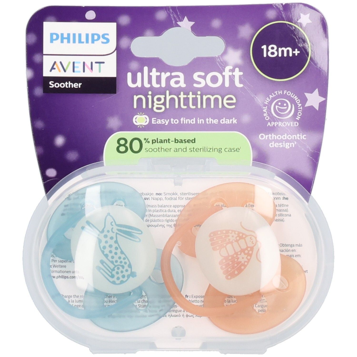Philips Avent Fopspeen +18m Soft night blauw/oranje 2 St Sauger