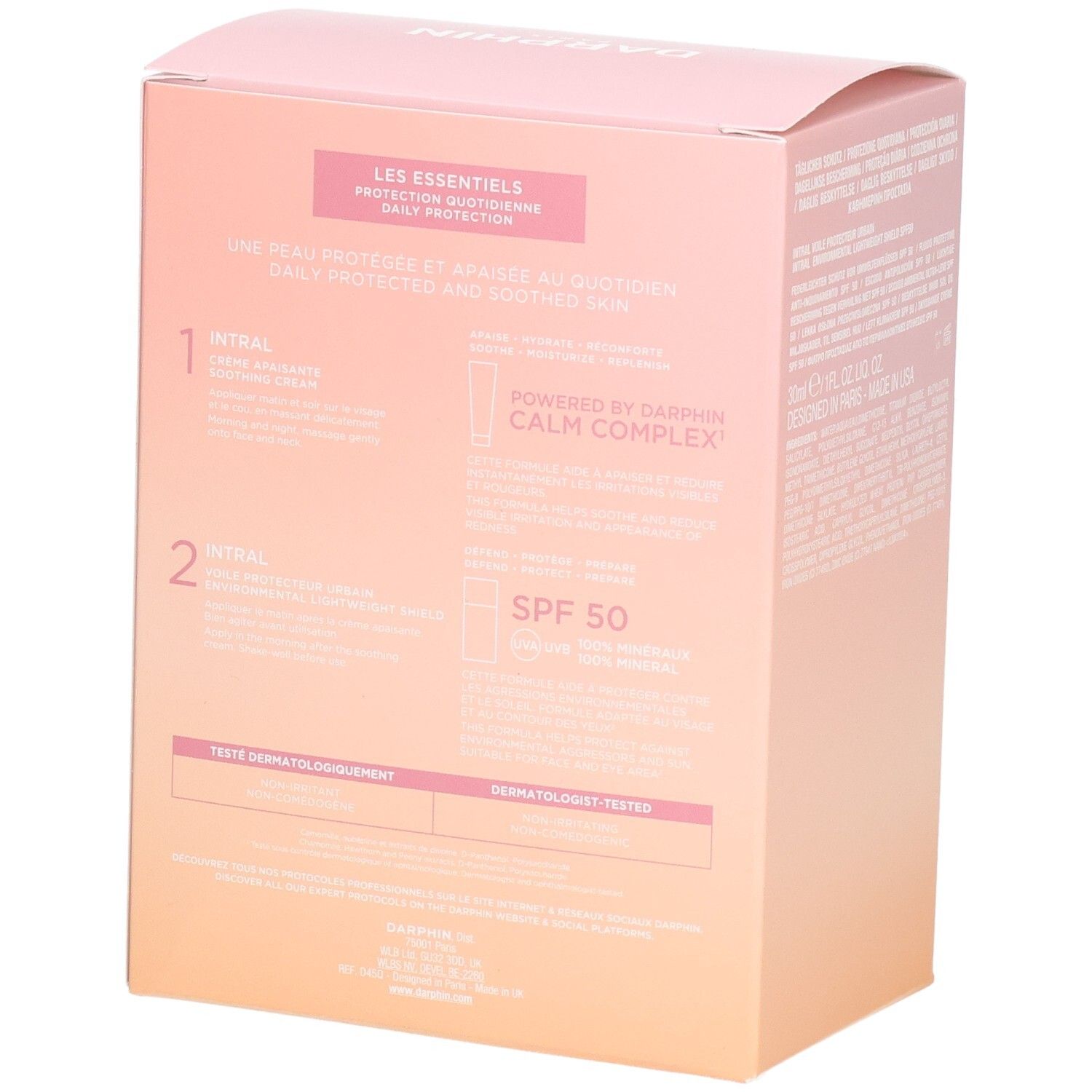 Rückseite der Darphin-Geschenkbox. Text in mehreren Sprachen. Enthält Informationen zu den Produkten.