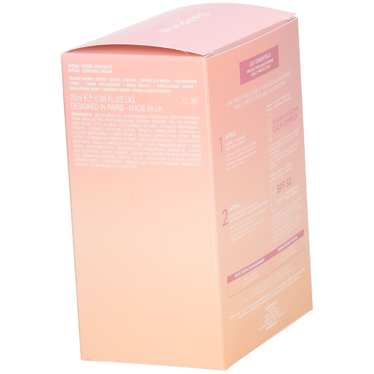 Rückseite der Darphin-Geschenkbox. Text in mehreren Sprachen. Enthält Informationen zu den Produkten.