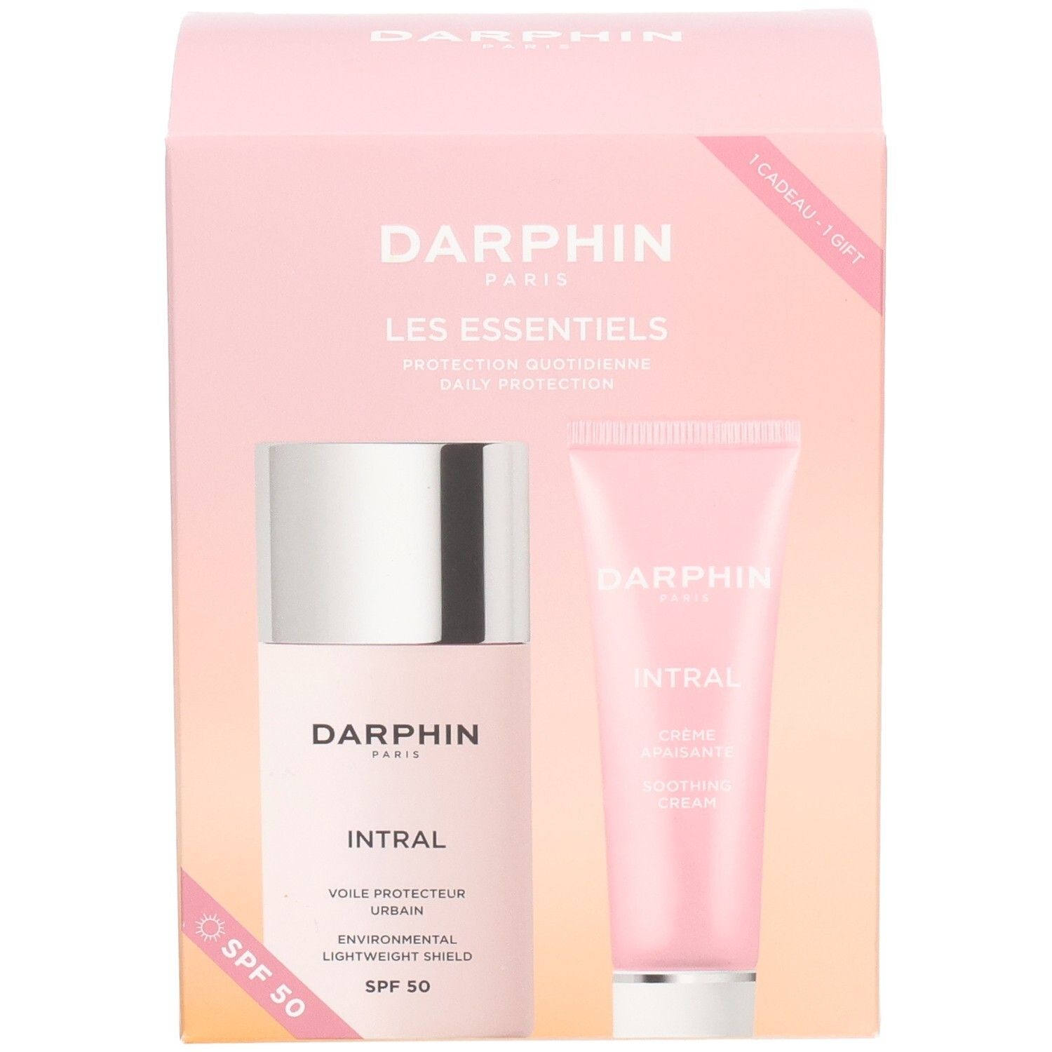 Geschenkbox mit zwei Darphin-Produkten. Enthält eine Flasche und eine Tube. Aufschrift: Intral, SPF 50.