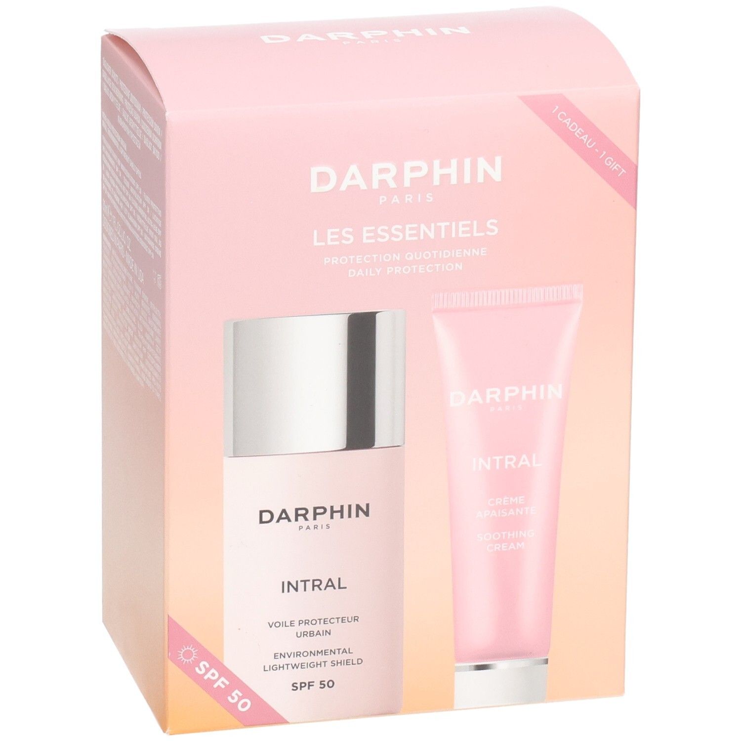 Geschenkbox mit zwei Darphin-Produkten. Enthält eine Flasche und eine Tube. Aufschrift: Intral, SPF 50.