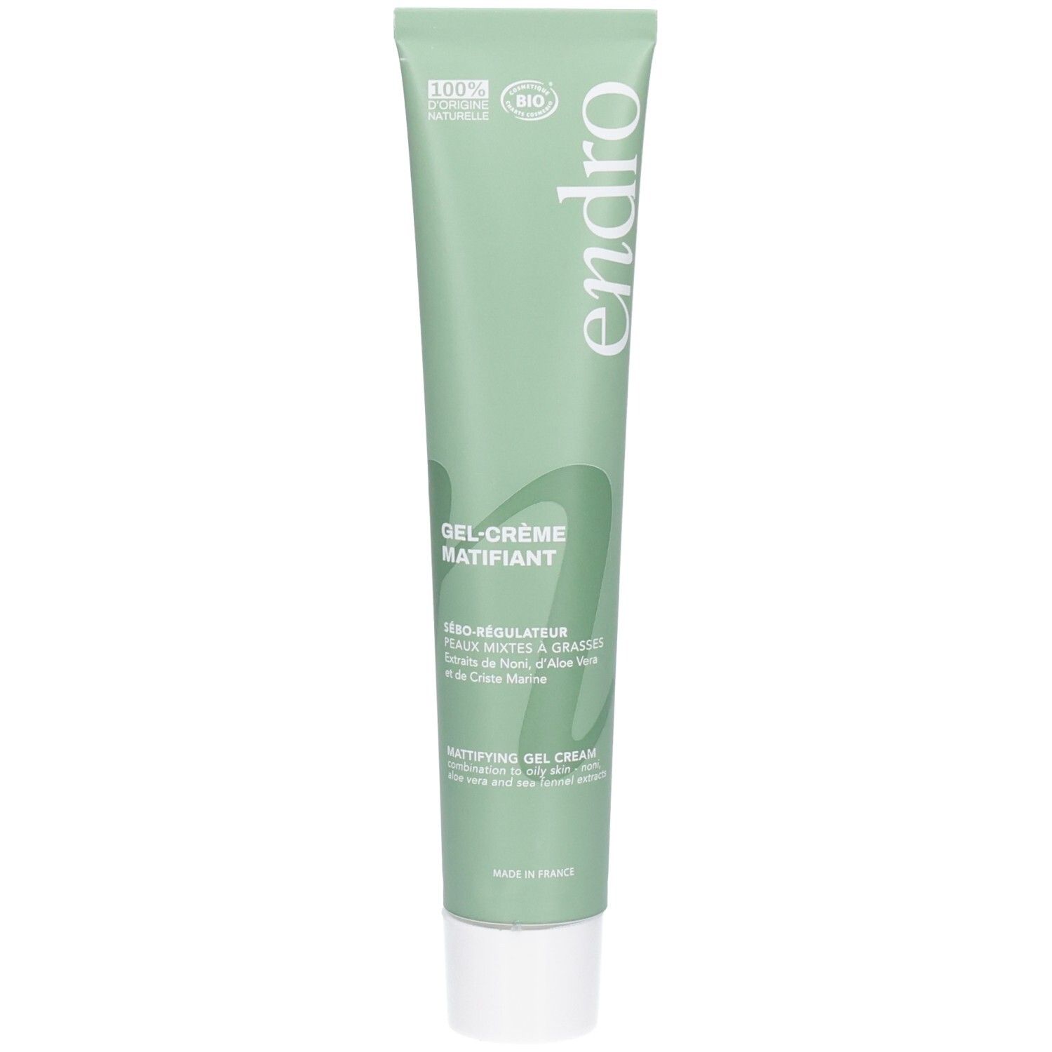 Endro mattierende Gel-Creme Tube mit weißem Deckel. 100% natürliche und Bio-Siegel.