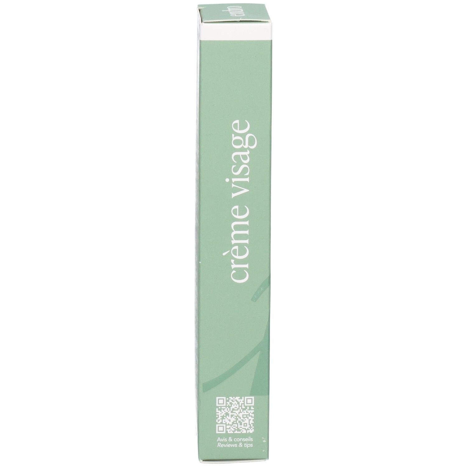 Seite der Endro mattierenden Gel-Creme Umverpackung mit Aufschrift 'crème visage'.