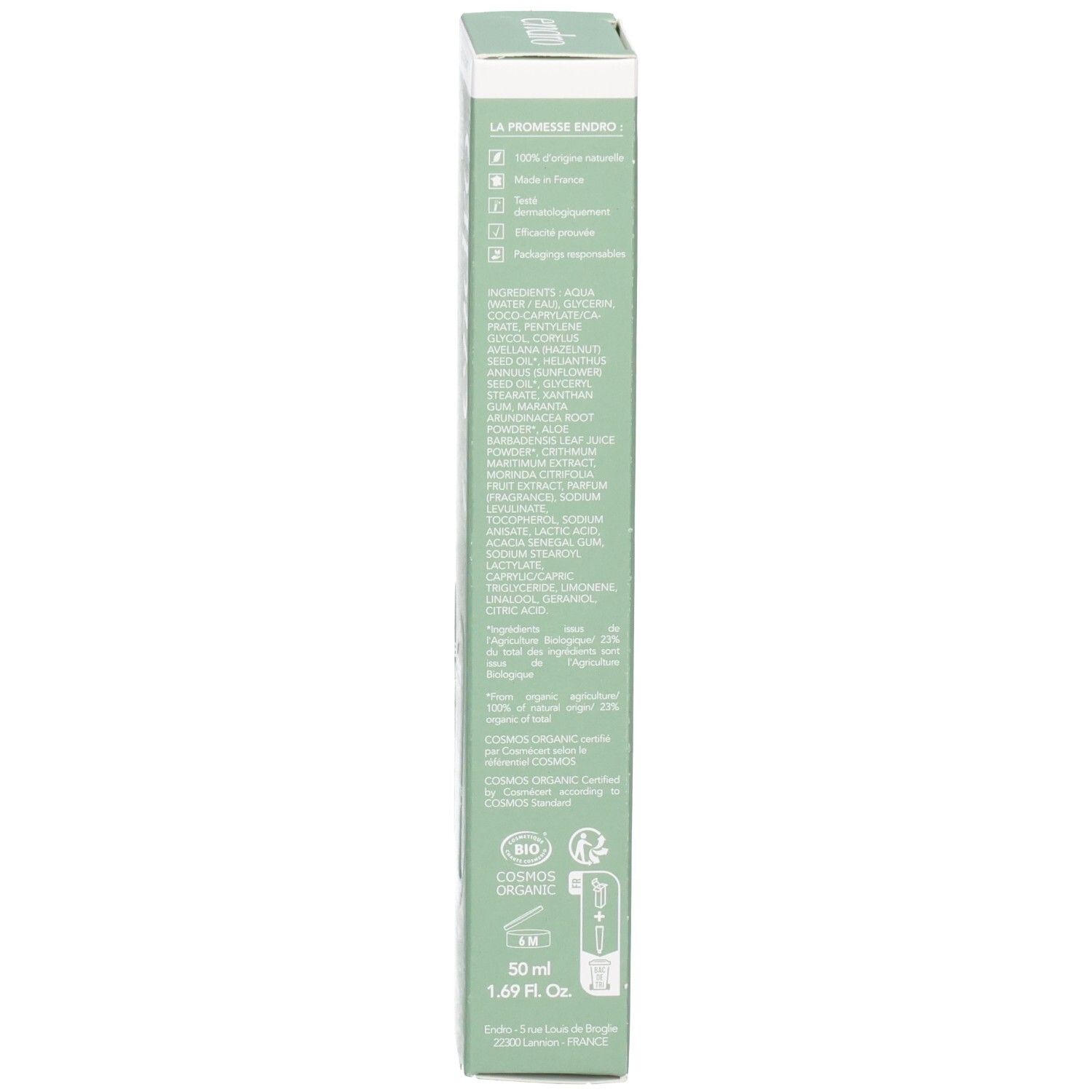 Seite der Endro mattierenden Gel-Creme Umverpackung mit Inhaltsstoffen und Siegeln.