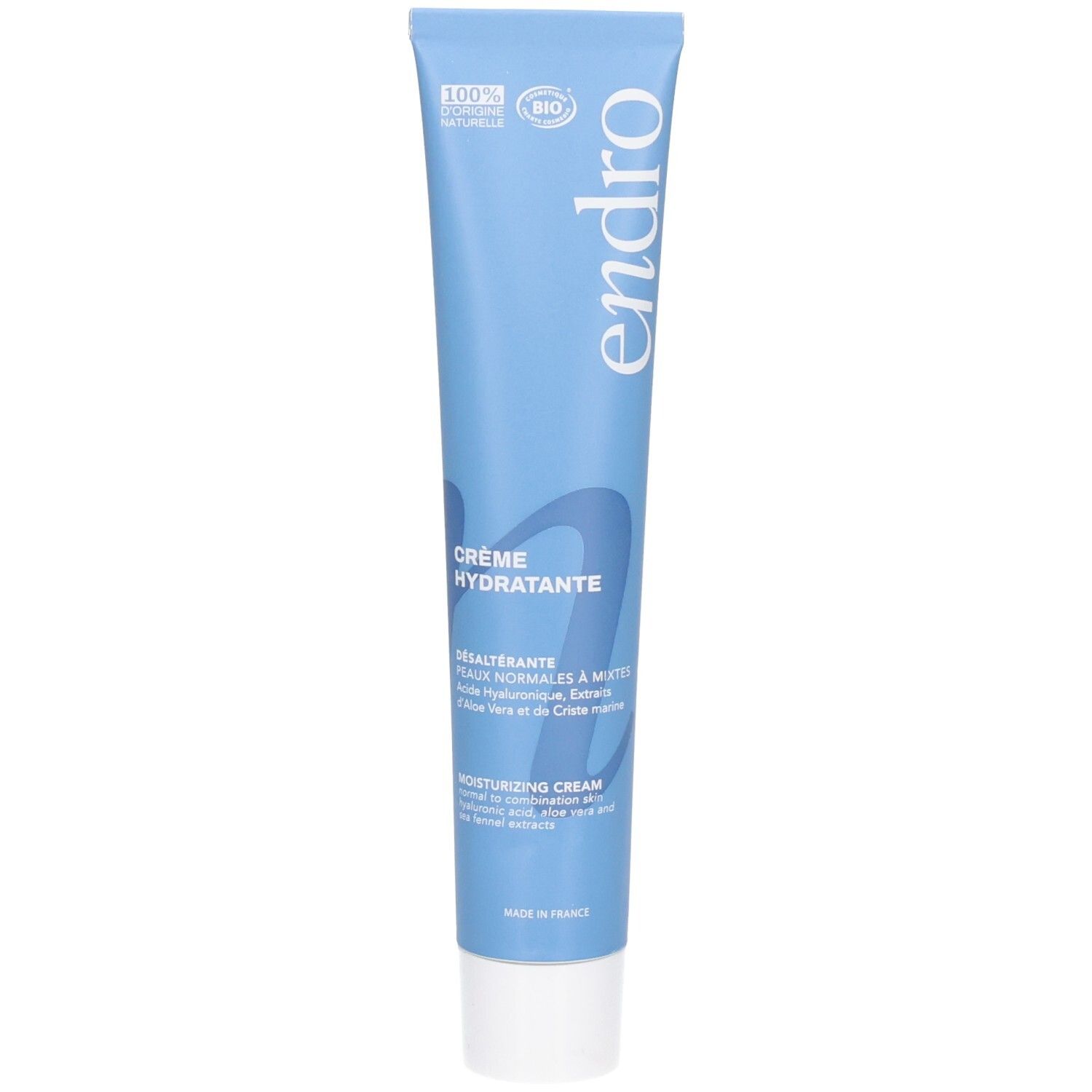 Endro Feuchtigkeitscreme Tube mit Bio-Siegel und 100% natürlicher Angabe.