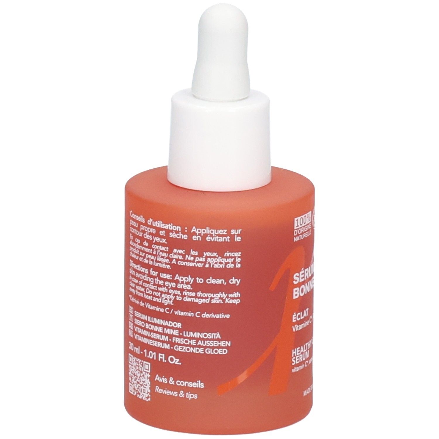 Rückseite der Endro Sérum Bonne Mine Flasche mit Anwendungshinweisen und Inhaltsstoffen.