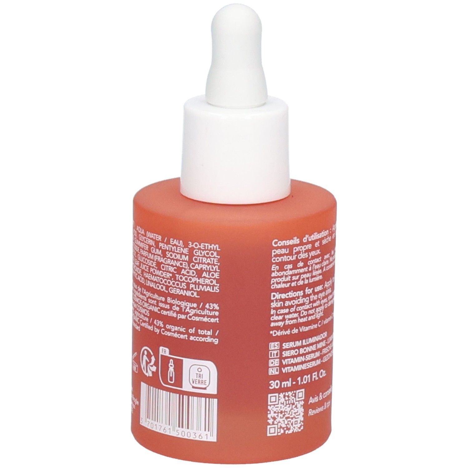 Seitenansicht der Endro Sérum Bonne Mine Flasche mit detaillierten Inhaltsstoffangaben.