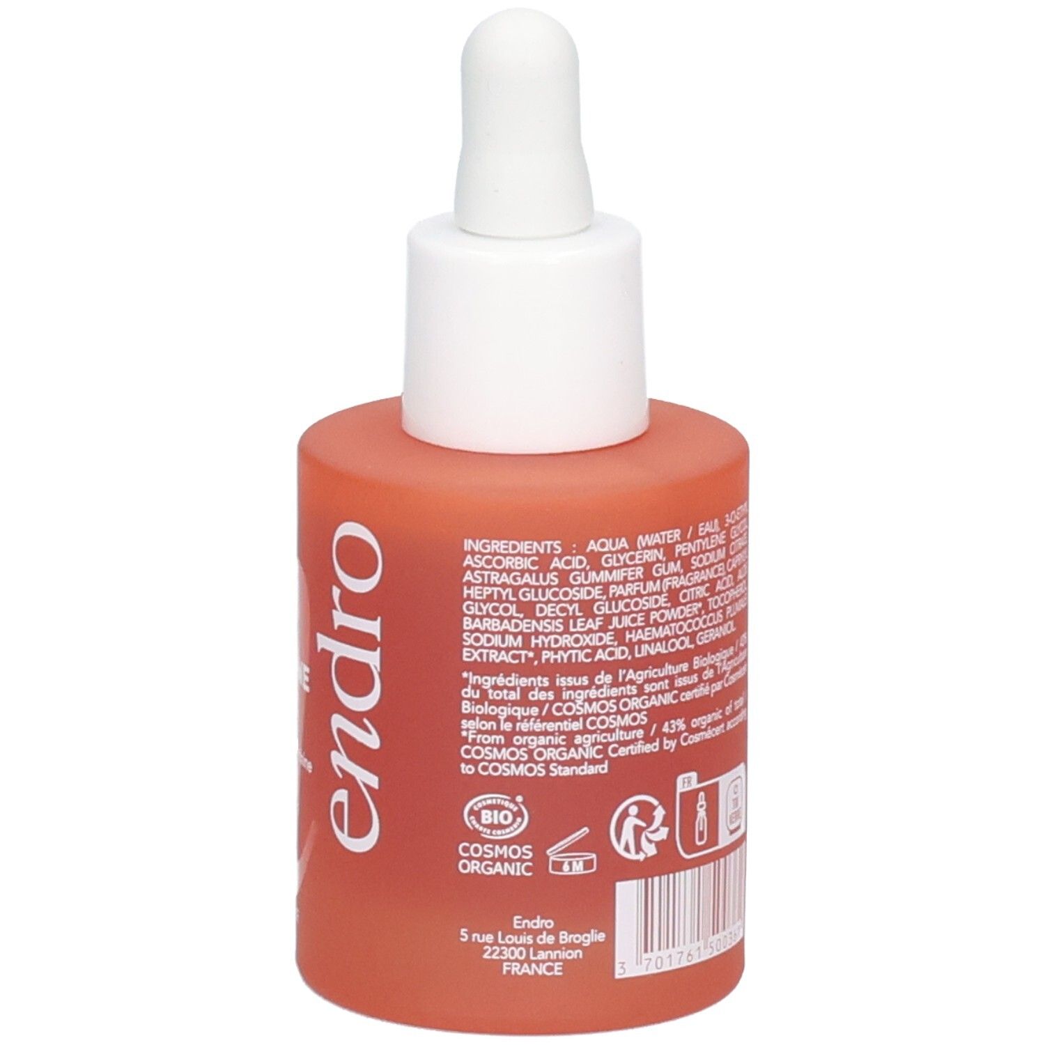 Rückseite der Endro Sérum Bonne Mine Flasche mit COSMOS ORGANIC Zertifizierung.