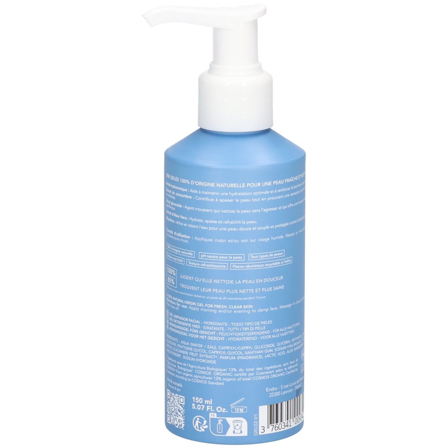 Rückseite einer blauen Flasche mit Pumpspender, 150ml, Endro Hydrating Cleansing Gel.