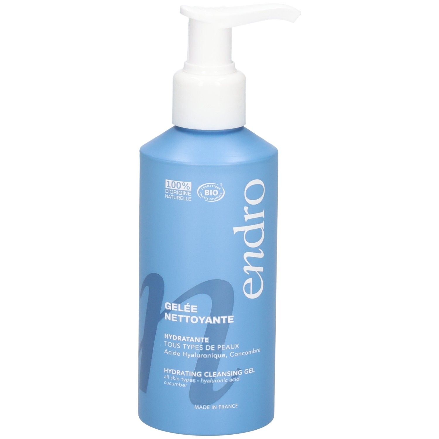 Blaue Flasche mit Pumpspender, Endro Hydrating Cleansing Gel, auf blauem Hintergrund.