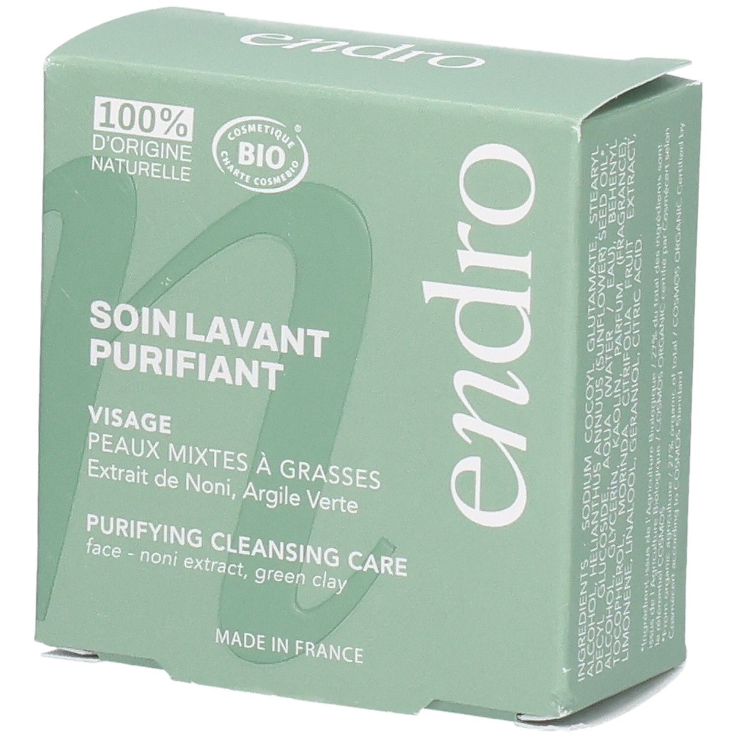 Endro Soin Lavant Purifiant Verpackung mit Bio-Siegel und Inhaltsangaben.