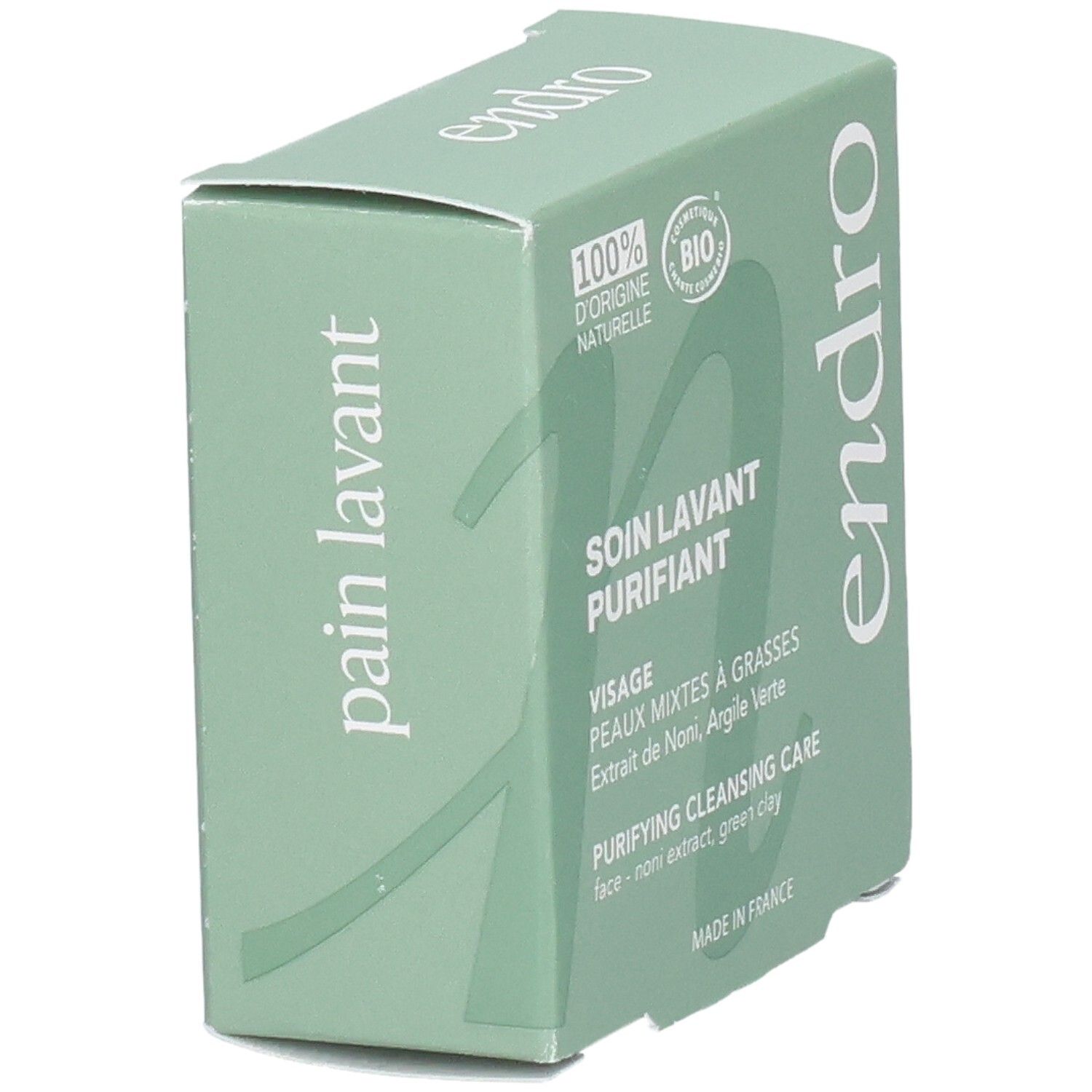 Endro Soin Lavant Purifiant Verpackung, Seitenansicht mit "pain lavant" Aufschrift.