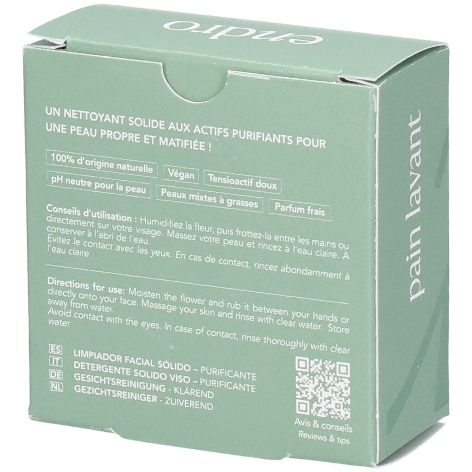 Rückseite der Endro Soin Lavant Purifiant Verpackung mit Anwendungshinweisen und QR-Code.