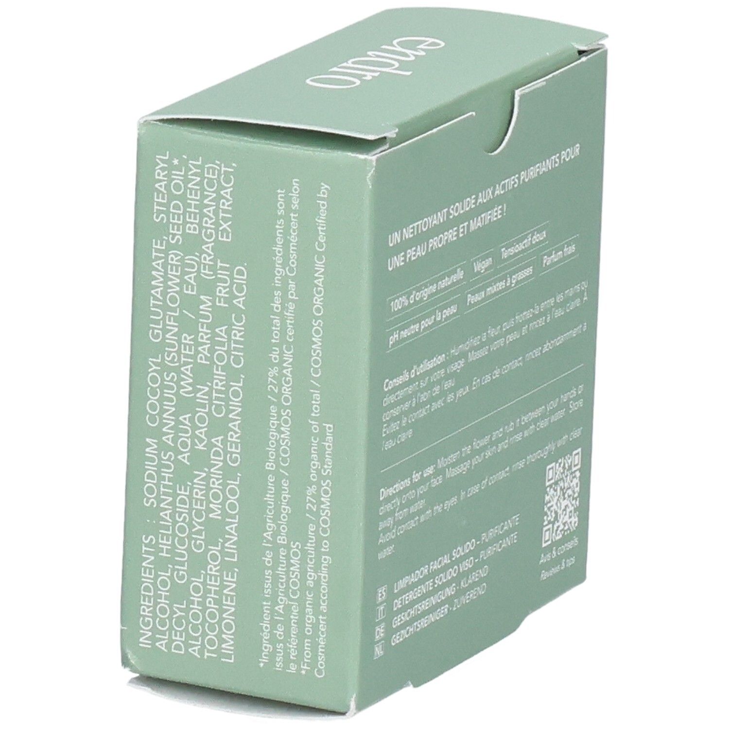 Seitenansicht der Endro Soin Lavant Purifiant Verpackung mit vollständiger Zutatenliste.