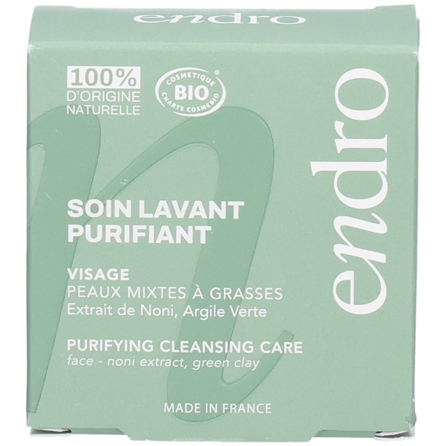 Endro Soin Lavant Purifiant Verpackung, Vorderseite mit Produktbezeichnung und Siegeln.
