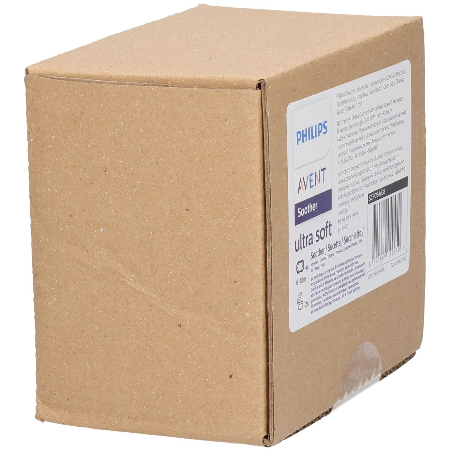 Kartonverpackung für Philips AVENT Schnuller. Aufdrucke: Marke, Produktname, Altersempfehlung, Inhaltsangaben und Barcode.