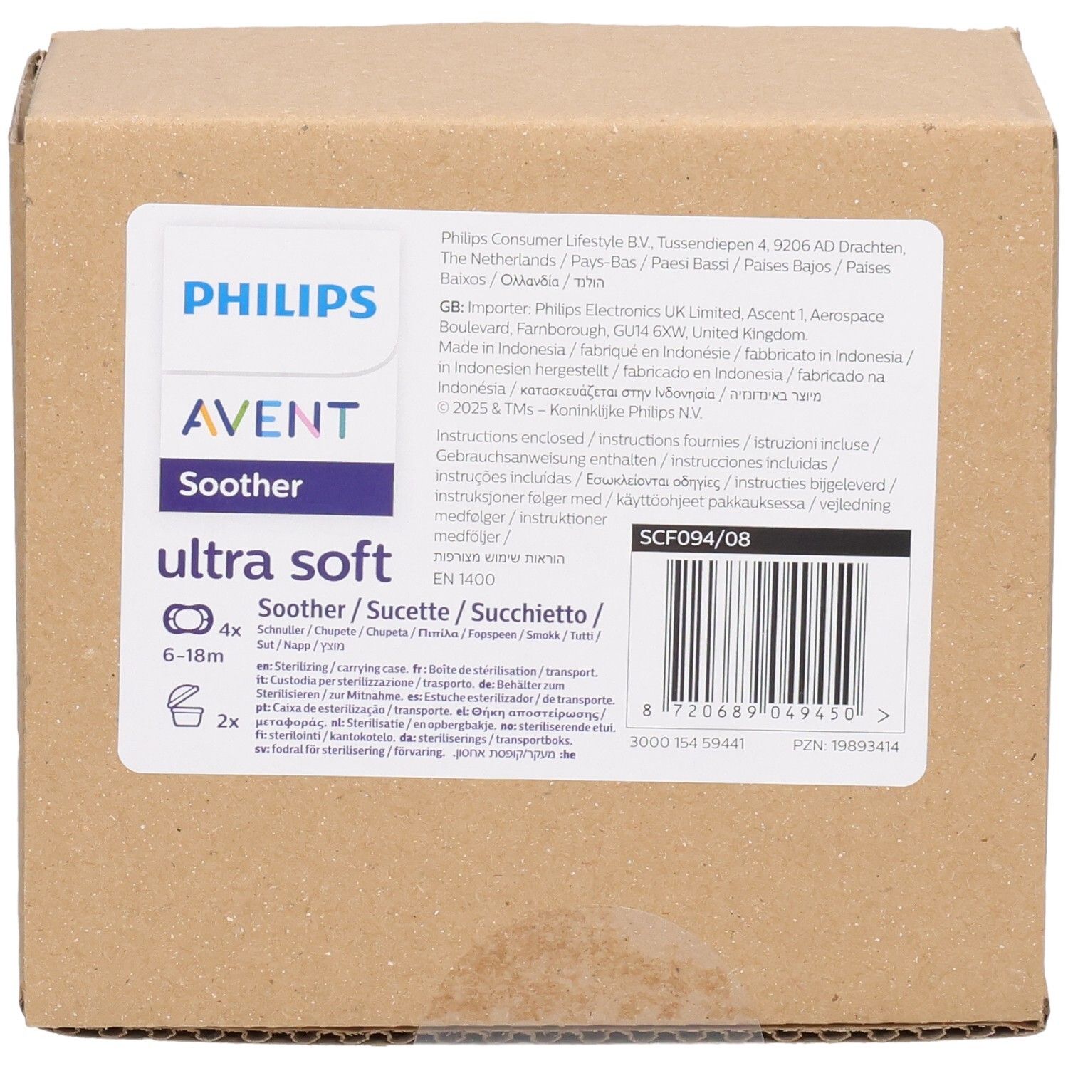 Kartonverpackung für Philips AVENT Schnuller. Aufdrucke: Marke, Produktname, Altersempfehlung, Inhaltsangaben und Barcode.