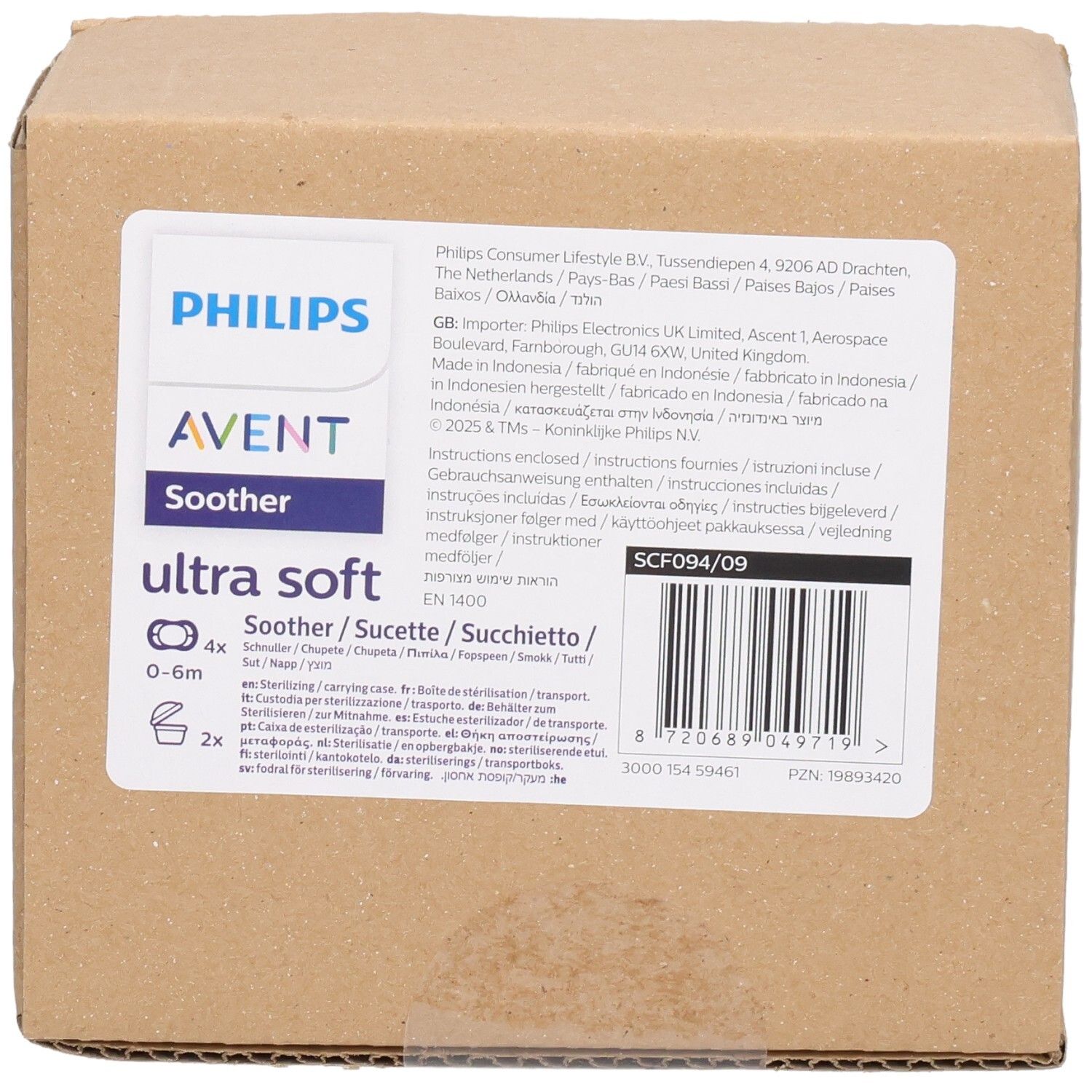 Kartonverpackung. Aufdruck mit Produktnamen, Marke Philips AVENT, und Produktinformationen. Barcode und weitere Textinformationen.