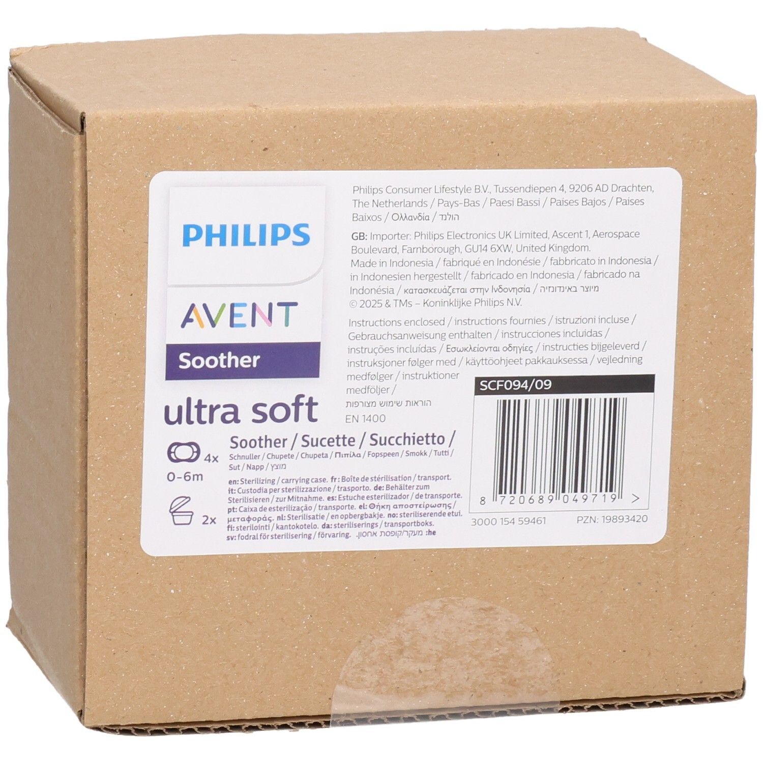 Kartonverpackung. Aufdruck mit Produktnamen, Marke Philips AVENT, und Produktinformationen. Barcode und weitere Textinformationen.