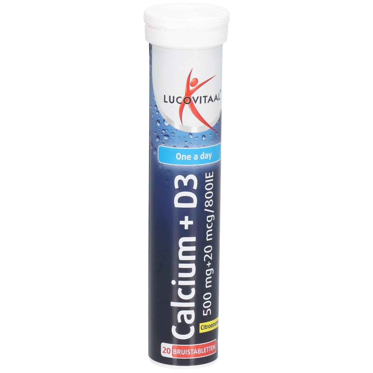Zylindrische Dose mit Calcium + D3 Brausetabletten. Marke Lucovitaal. Enthält 20 Tabletten. Blaue und weiße Verpackung.
