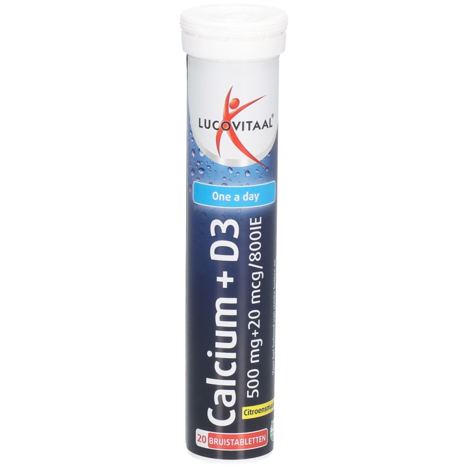 Zylindrische Dose mit Calcium + D3 Brausetabletten. Marke Lucovitaal. Enthält 20 Tabletten. Blaue und weiße Verpackung.