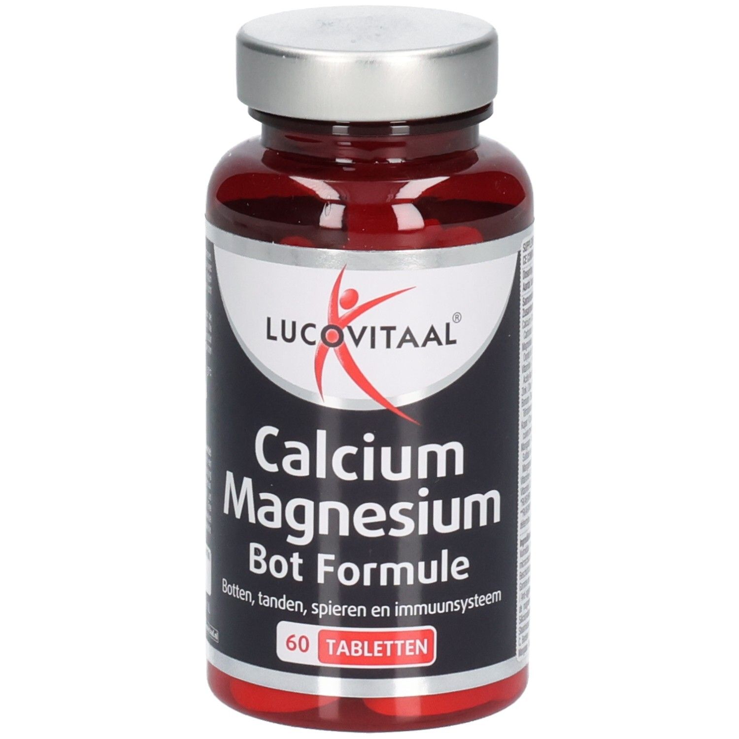 Rote Tablettenflasche mit silbernem Deckel. Aufschrift: Lucovitaal Calcium Magnesium Bone Formula. 60 Tabletten.