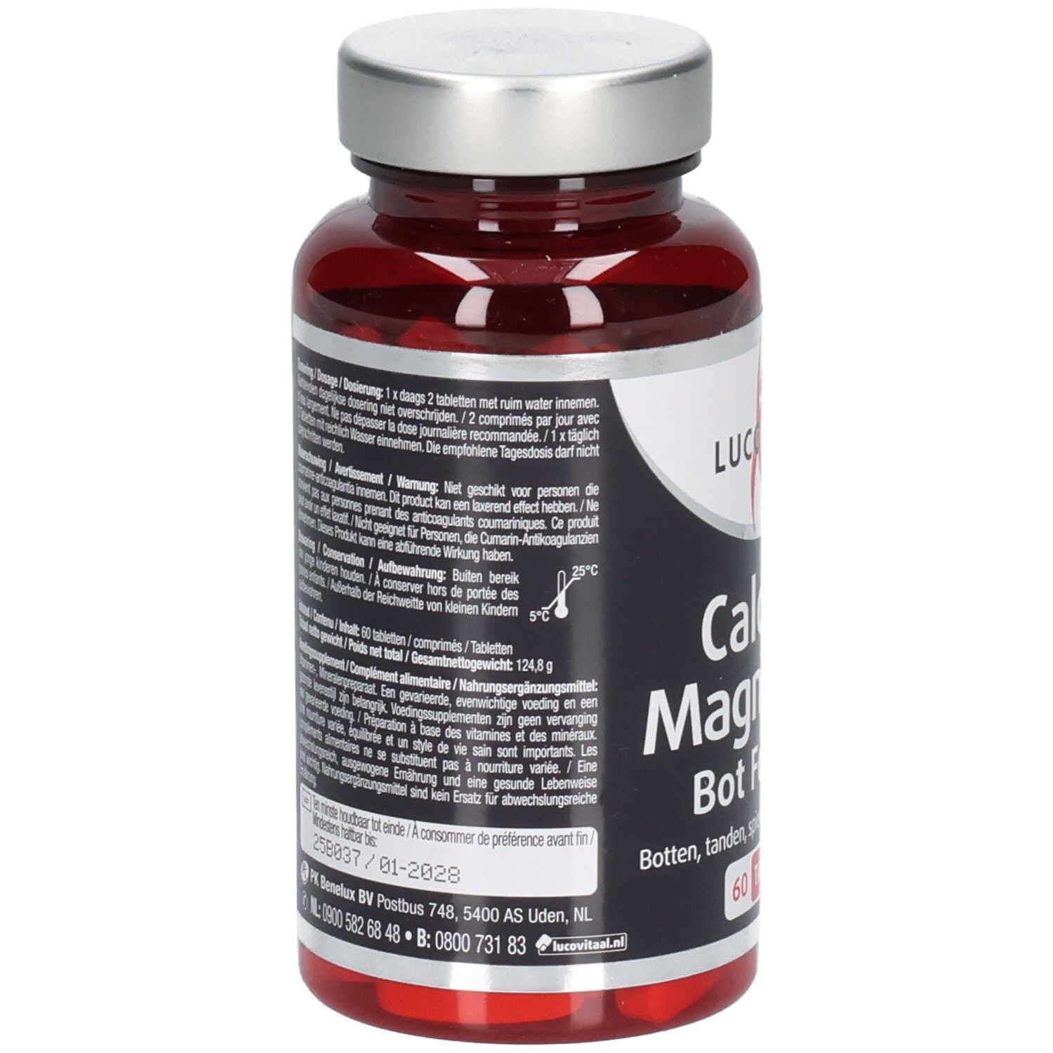 Rückseite der Tablettenflasche. Textinformationen, darunter Dosierung und Inhaltsstoffe. 60 Tabletten.