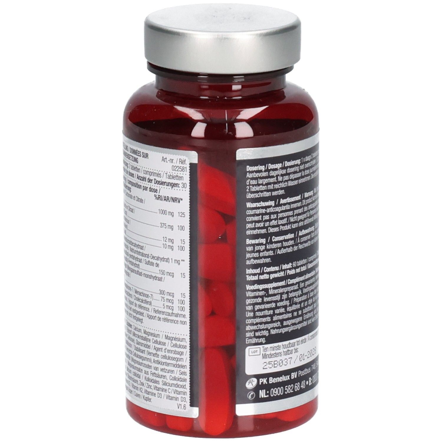 Rückseite der Tablettenflasche. Textinformationen, darunter Inhaltsstoffe und Nährwertangaben. 60 Tabletten.
