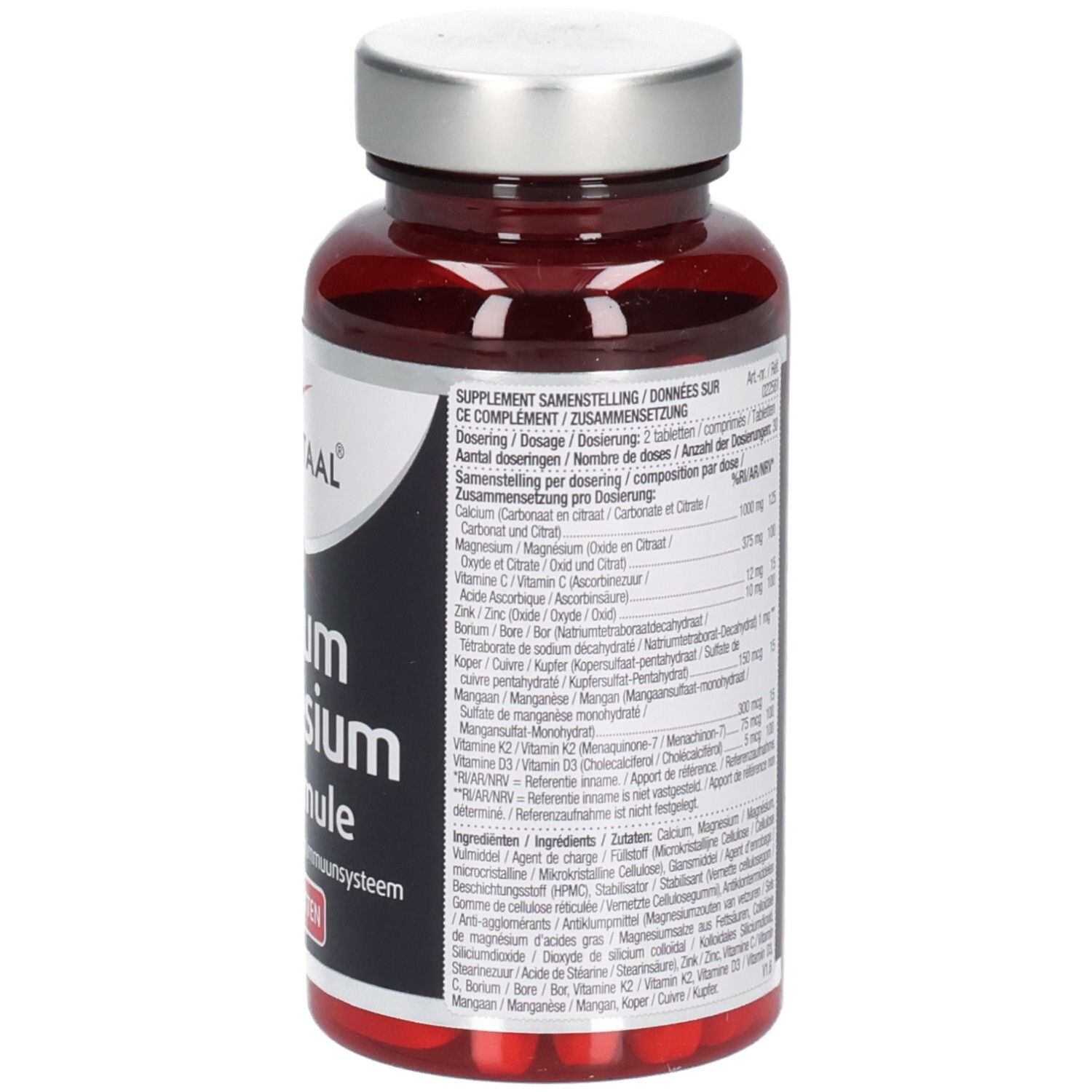 Rückseite der Tablettenflasche. Textinformationen, darunter Inhaltsstoffe und Nährwertangaben. 60 Tabletten.