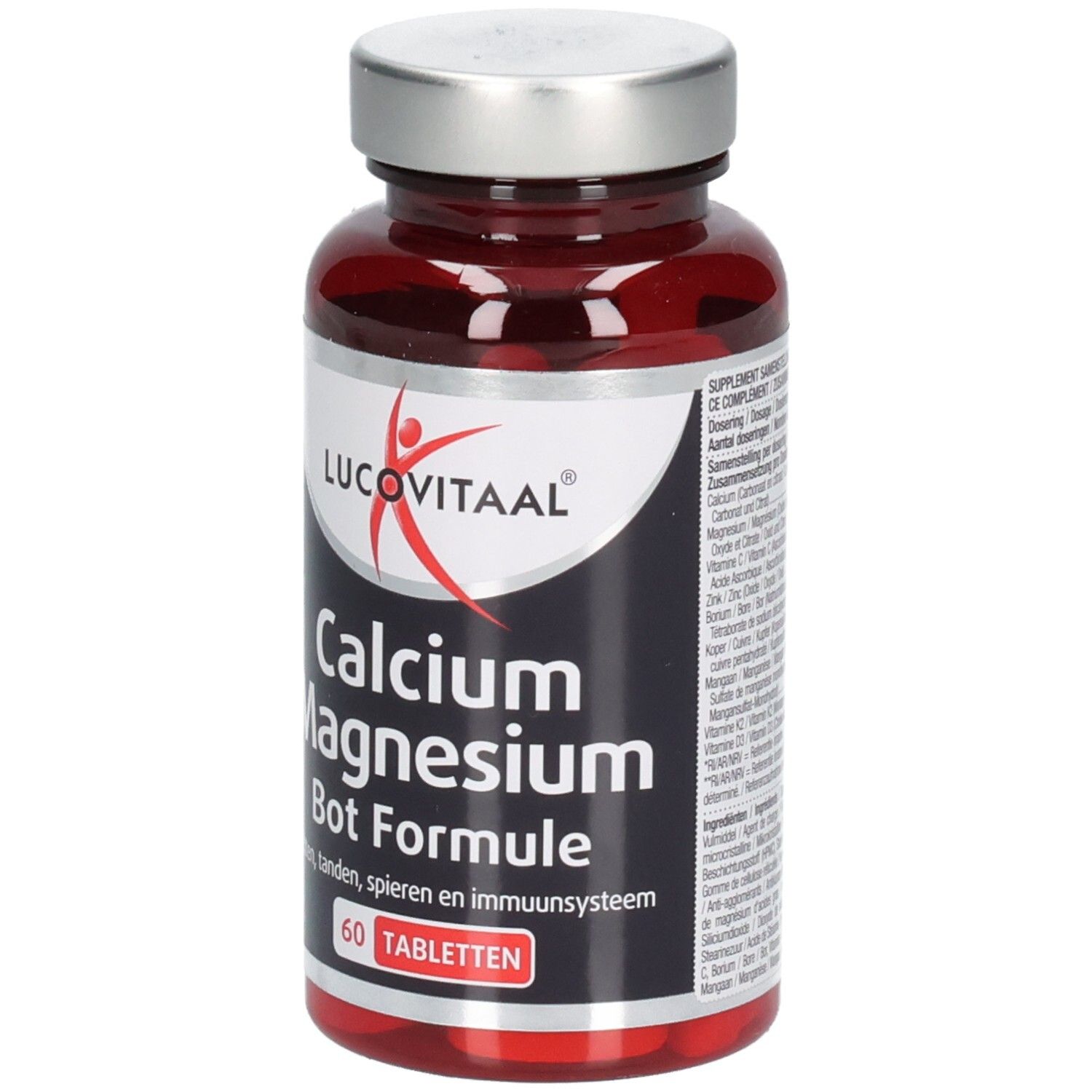 Rote Tablettenflasche mit silbernem Deckel. Aufschrift: Lucovitaal Calcium Magnesium Bone Formula. 60 Tabletten.