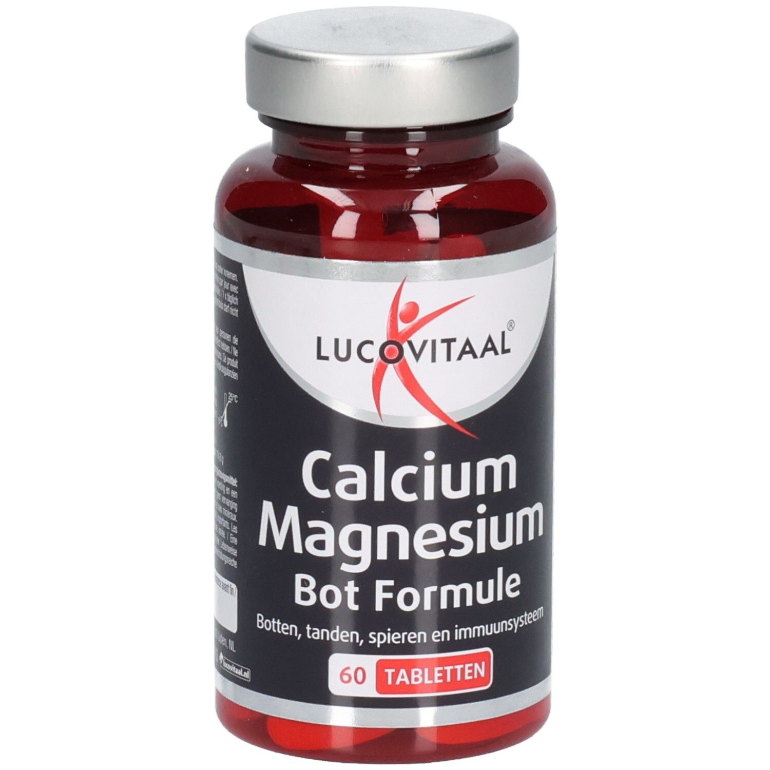 Rote Tablettenflasche mit silbernem Deckel. Aufschrift: Lucovitaal Calcium Magnesium Bone Formula. 60 Tabletten.