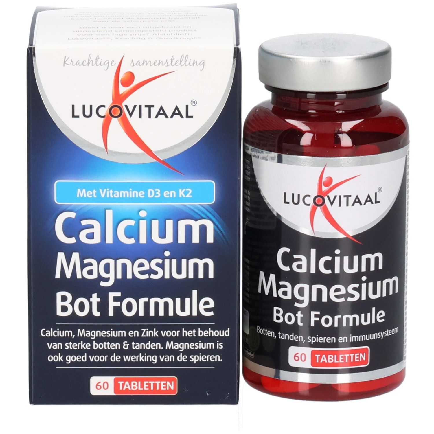 Produktverpackung und Tablettenflasche. Aufschrift: Lucovitaal Calcium Magnesium Bone Formula. 60 Tabletten.