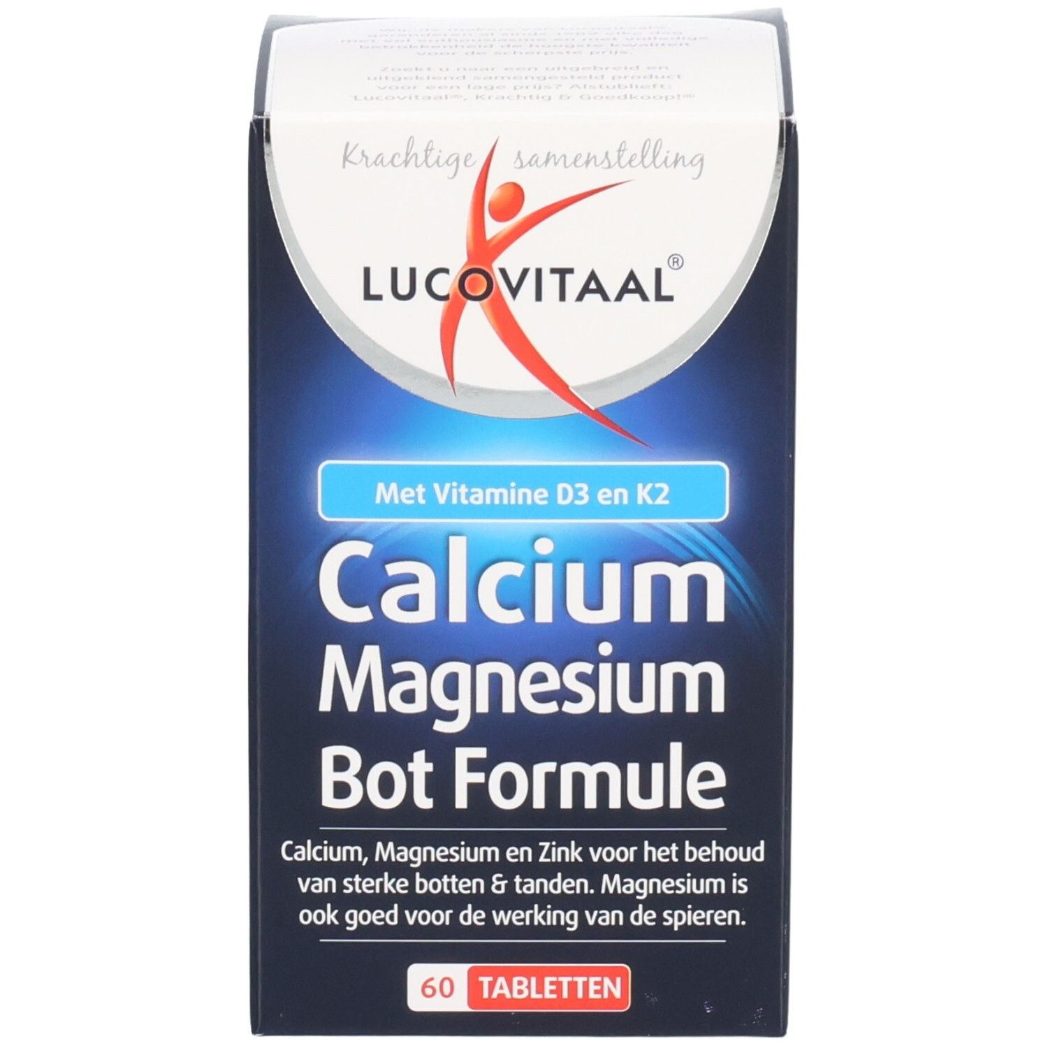 Produktverpackung. Aufschrift: Lucovitaal Calcium Magnesium Bone Formula. Enthält Vitamin D3 und K2. 60 Tabletten.