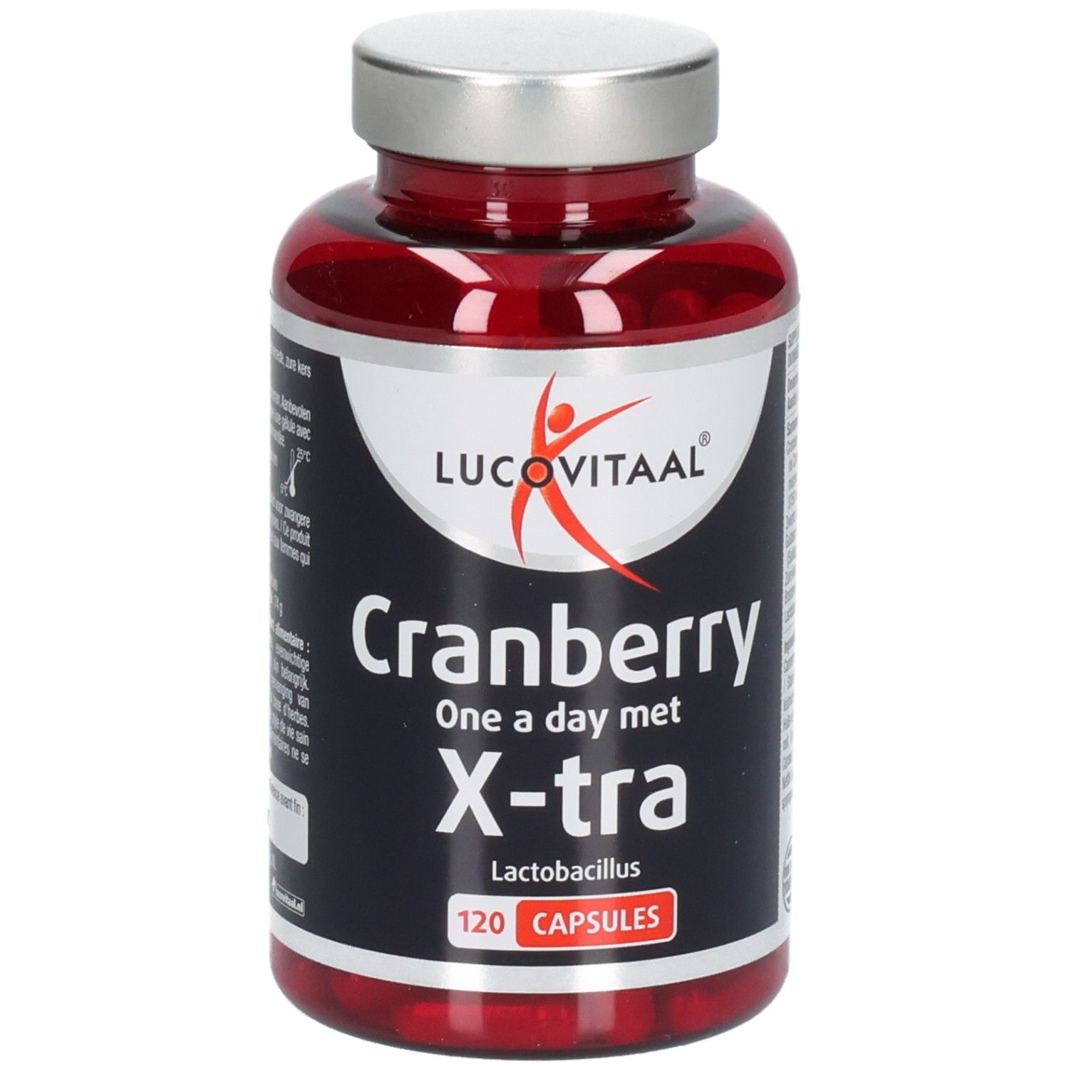 Rote Kapseln in einer Flasche. Aufschrift: Lucovitaal, Cranberry, X-tra Lactobacillus. 120 Kapseln.