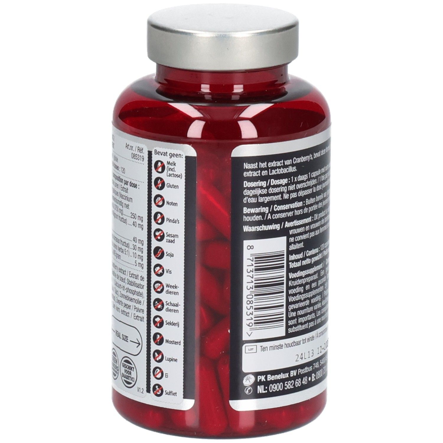 Rückansicht der Flasche mit roten Kapseln. Text und Inhaltsstoffe sind sichtbar.
