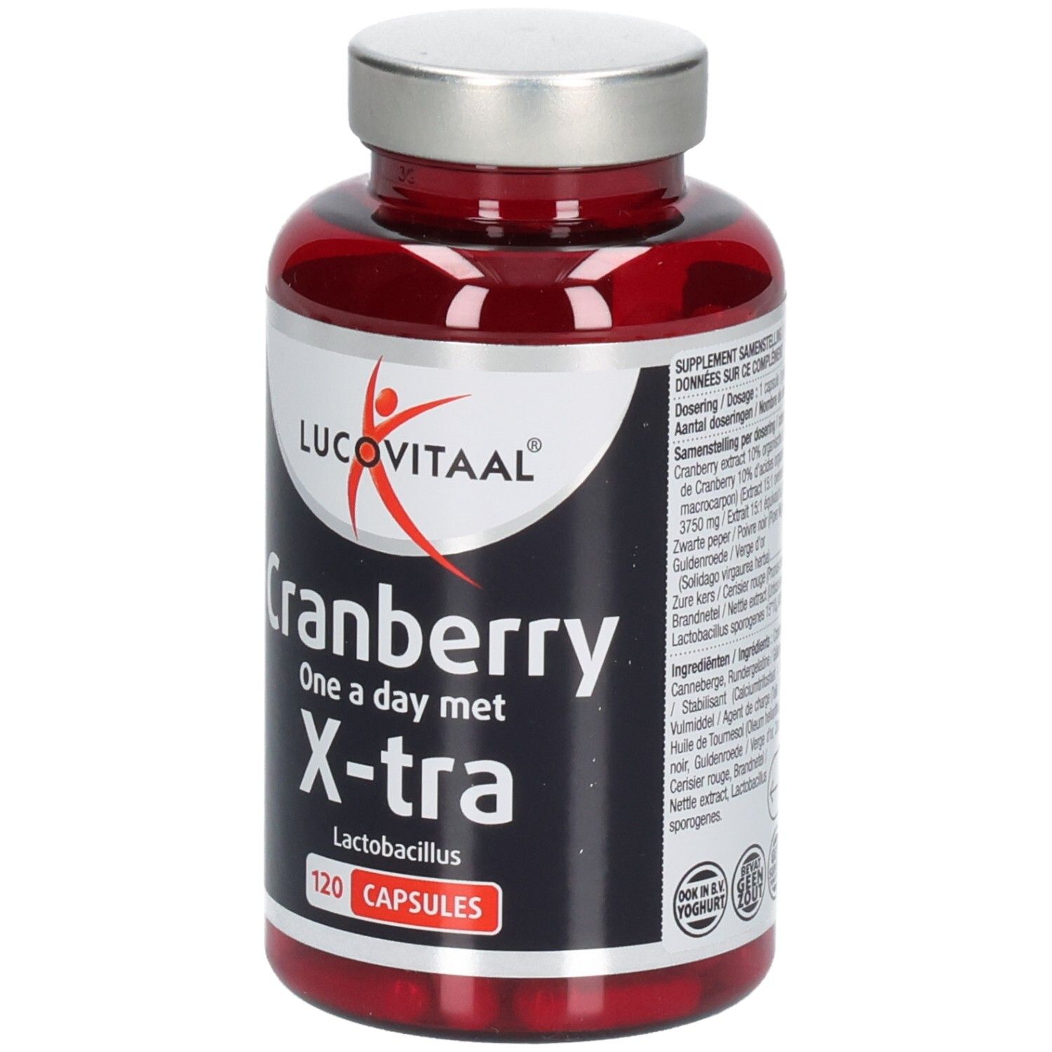 Rote Kapseln in einer Flasche. Aufschrift: Lucovitaal, Cranberry, X-tra Lactobacillus. 120 Kapseln.