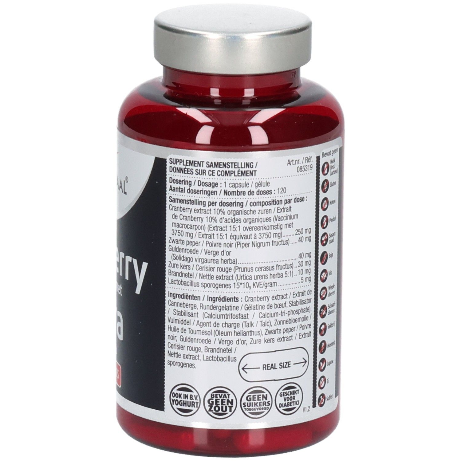 Rückseite der Flasche mit Text. Inhaltsstoffe und Dosierung sind angegeben.