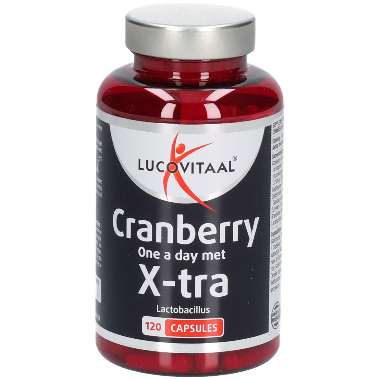 Rote Kapseln in einer Flasche. Aufschrift: Lucovitaal, Cranberry, X-tra Lactobacillus. 120 Kapseln.