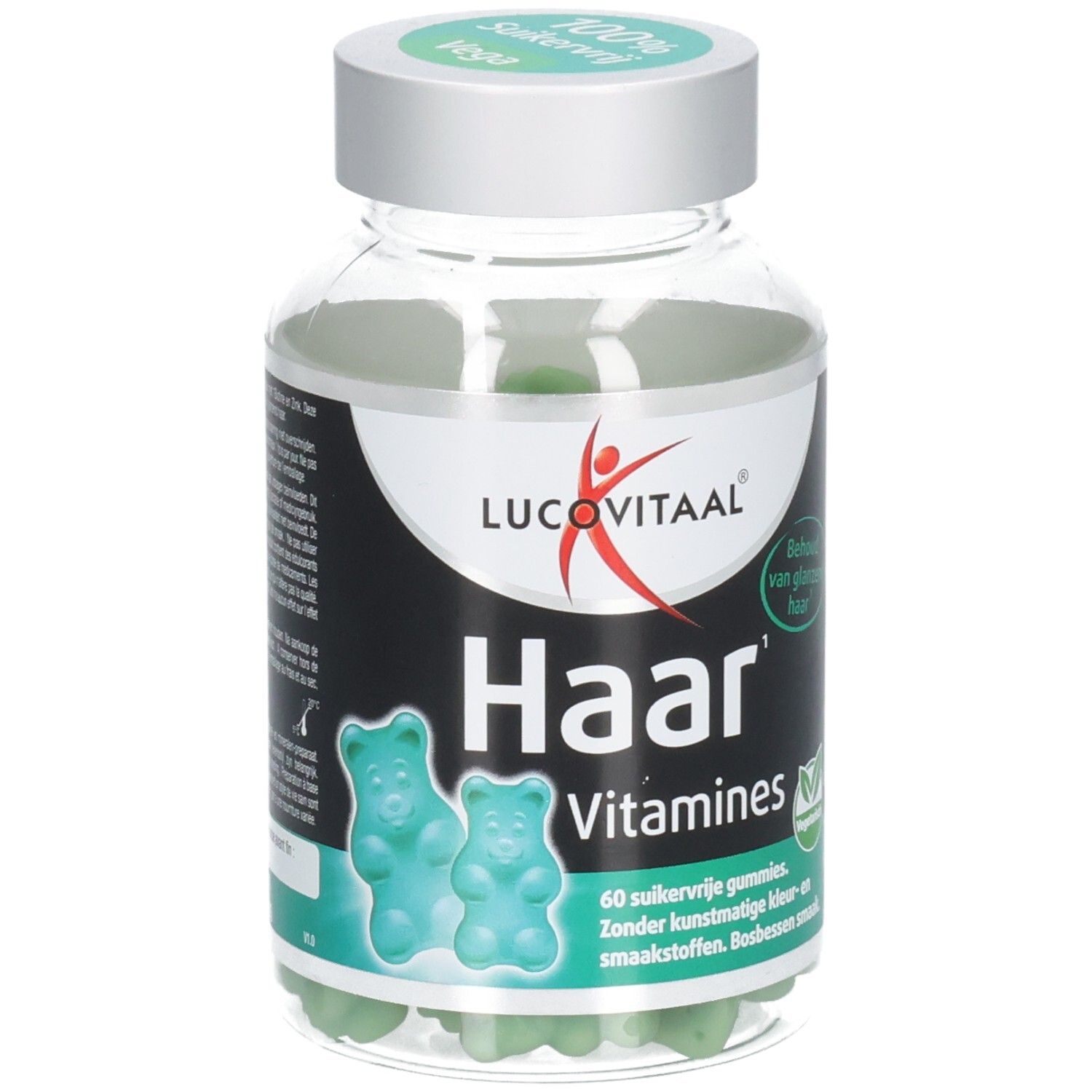 Klare Dose mit grünen Gummibärchen. Aufschrift: Haar Vitaminen, Lucovitaal. 100% zuckerfrei, vegan.