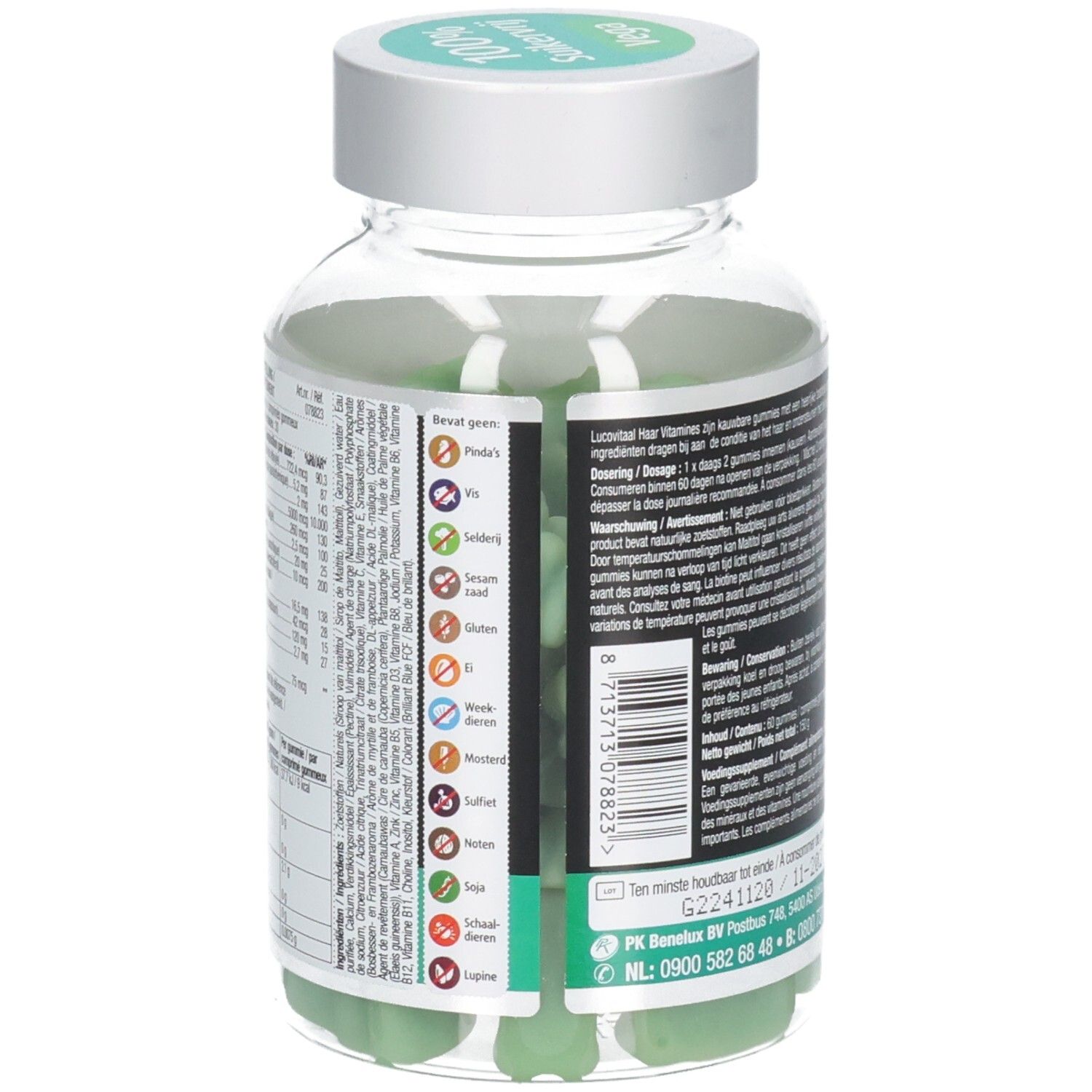 Rückseite der Dose mit Text und Nährwertangaben. Grüne Gummibärchen sichtbar. Barcode.