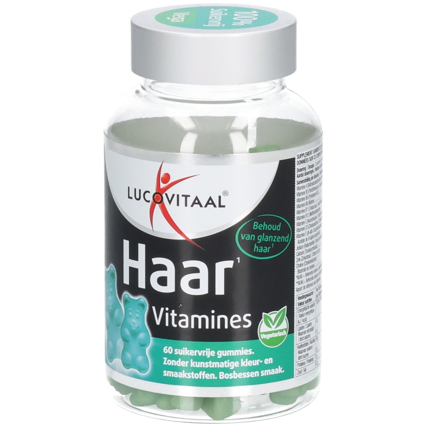 Klare Dose mit grünen Gummibärchen. Aufschrift: Haar Vitaminen, Lucovitaal. Vegan-Siegel.