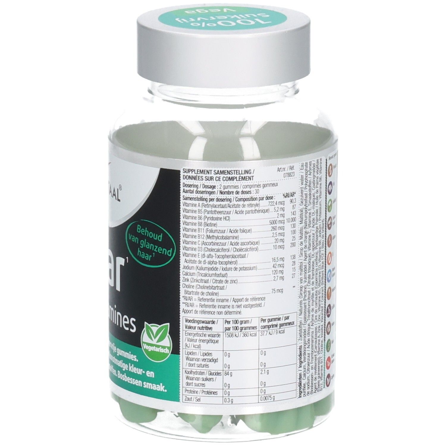Rückseite der Dose mit Text und Nährwertangaben. Aufschrift: Haar Vitaminen. Vegan-Siegel.