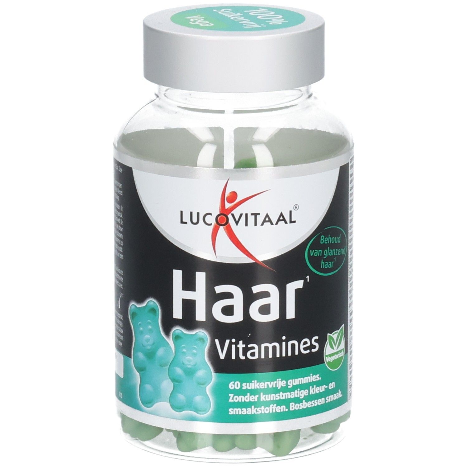 Klare Dose mit grünen Gummibärchen. Aufschrift: Haar Vitaminen, Lucovitaal. 100% zuckerfrei, vegan.